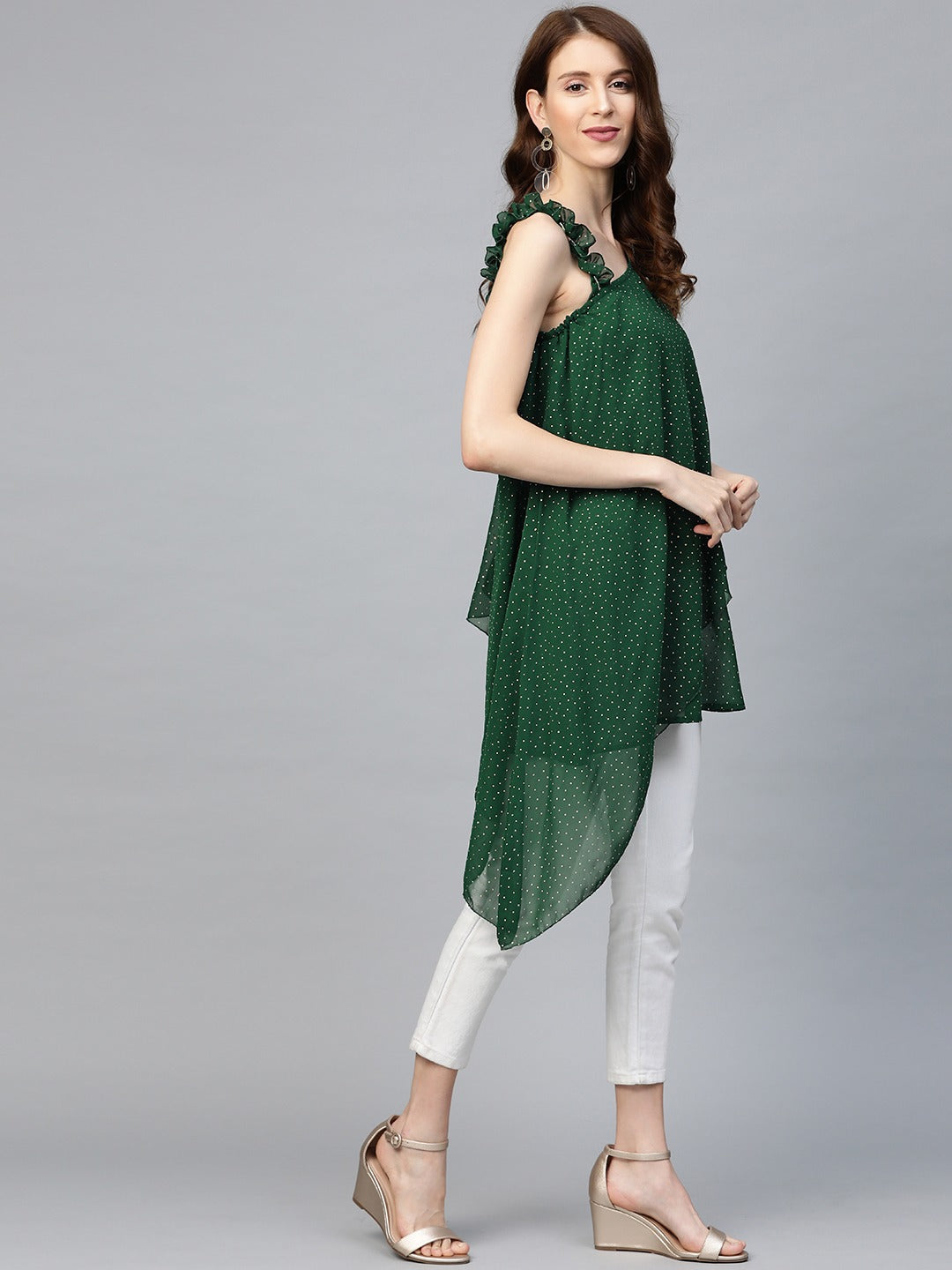 Green Printed One Shoulder Tunic Top - Indian Kurtis Online