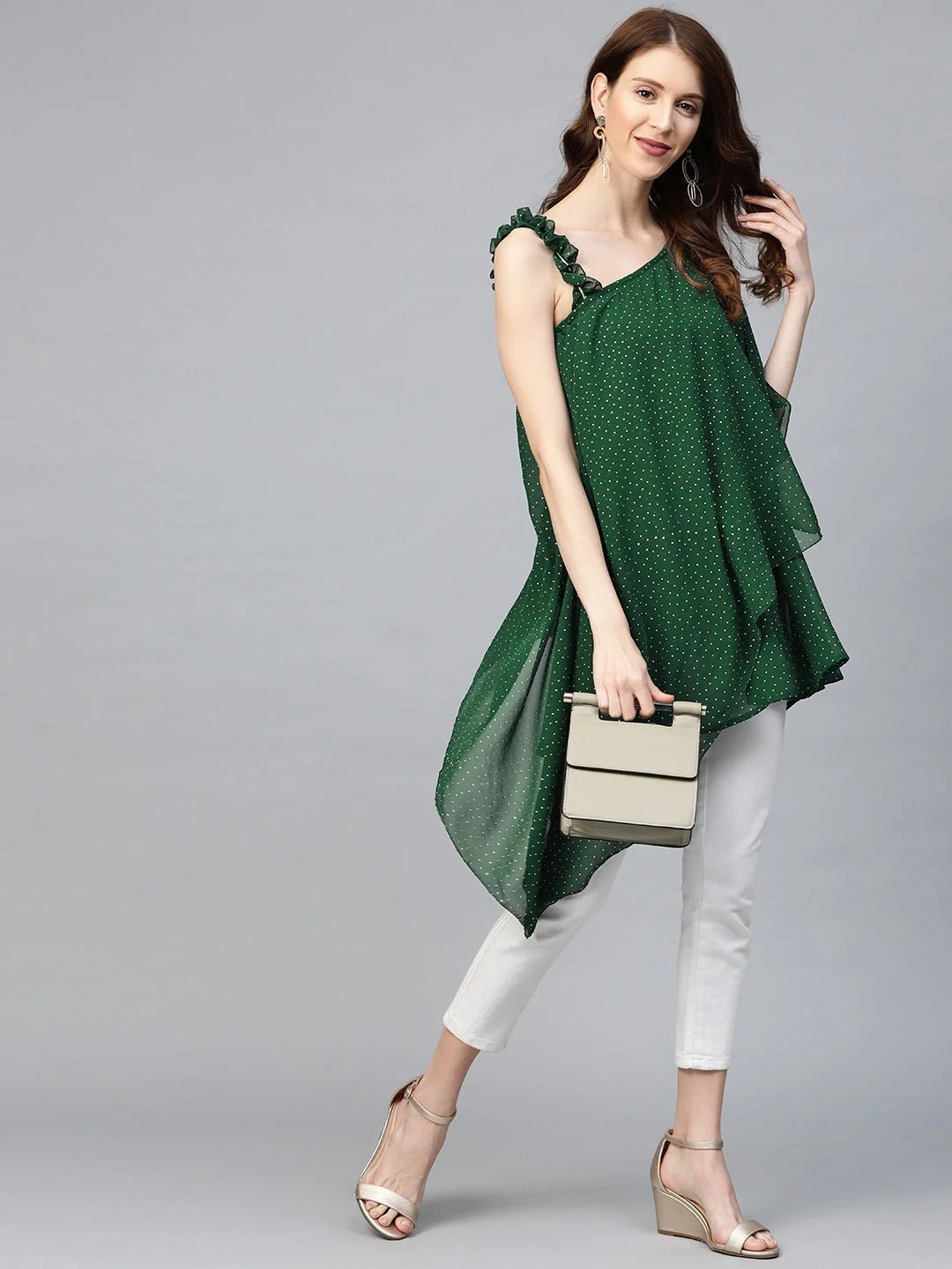 Green Printed One Shoulder Tunic Top - Indian Kurtis Online