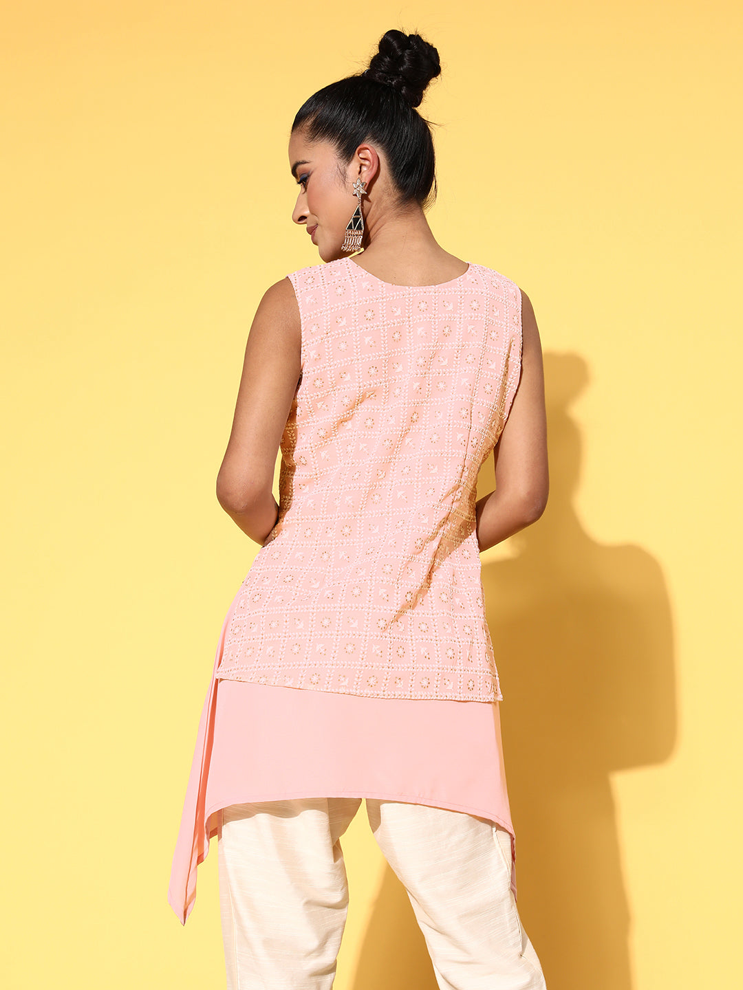 Pink Printed High Low Tunic Top - Stylish Indian Kurta Ladies