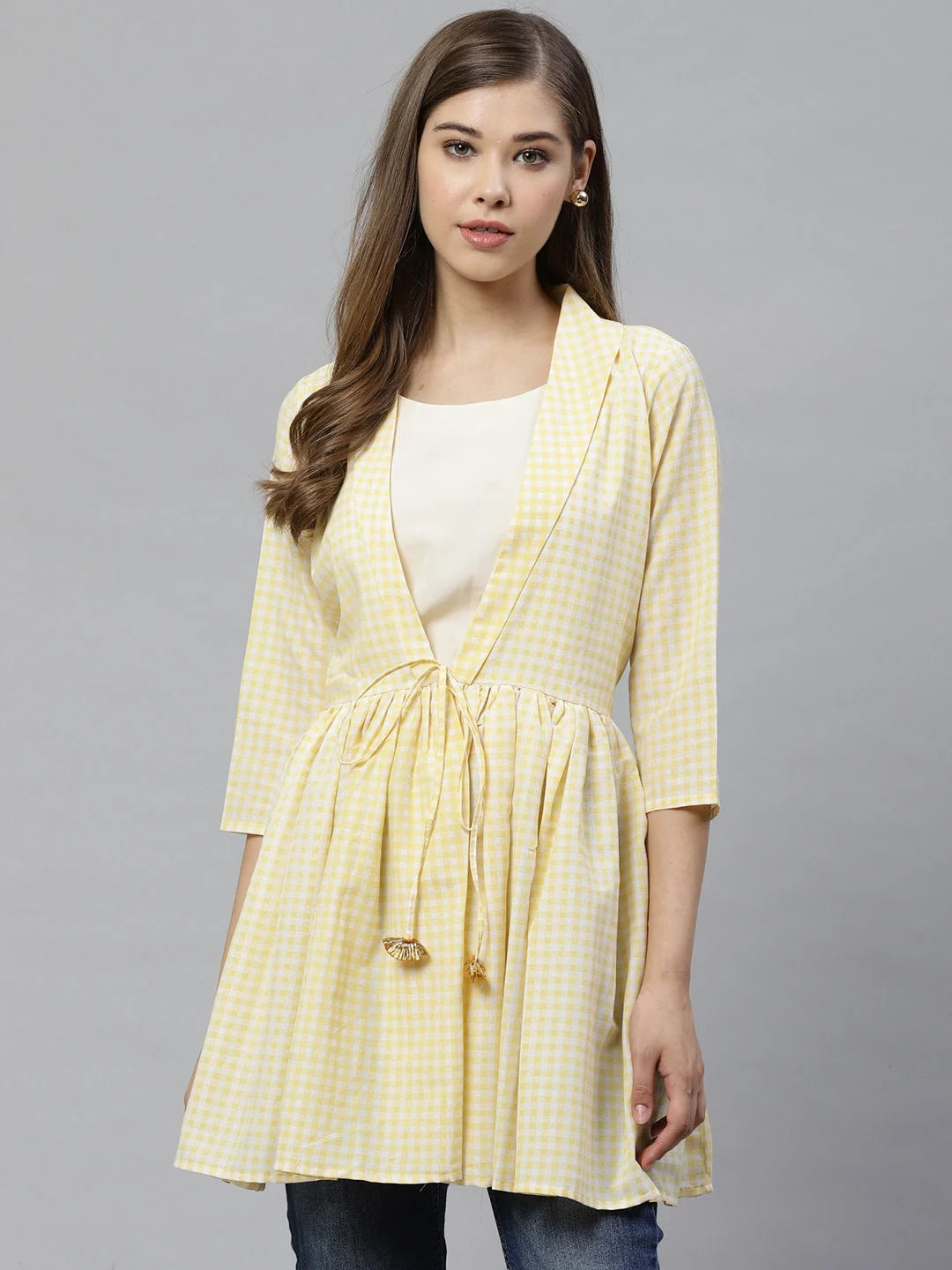 Yellow Checked Waist Tie-Up Tunic Top | Indian Kurtis Online