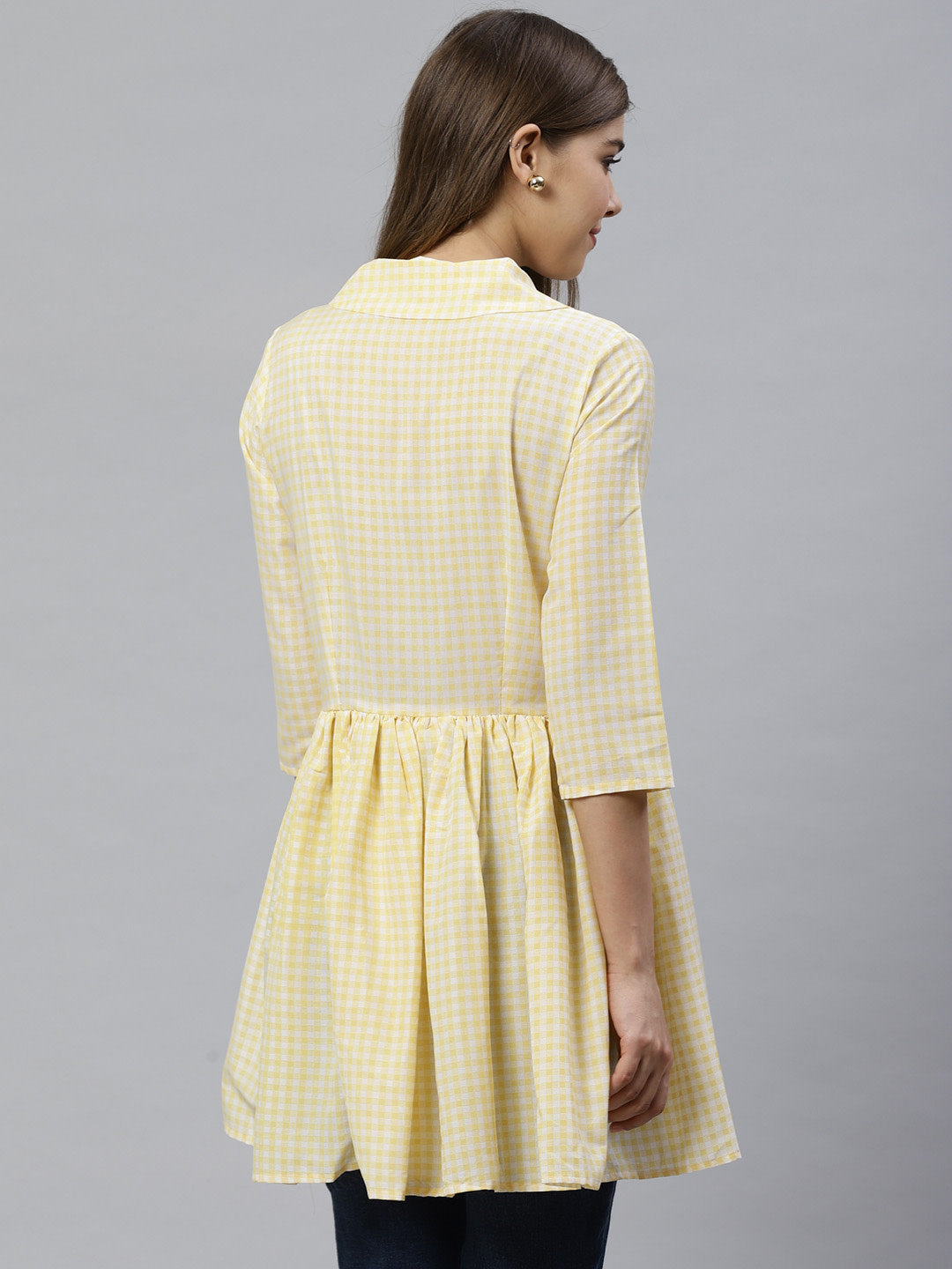 Yellow Checked Waist Tie-Up Tunic Top | Indian Kurtis Online