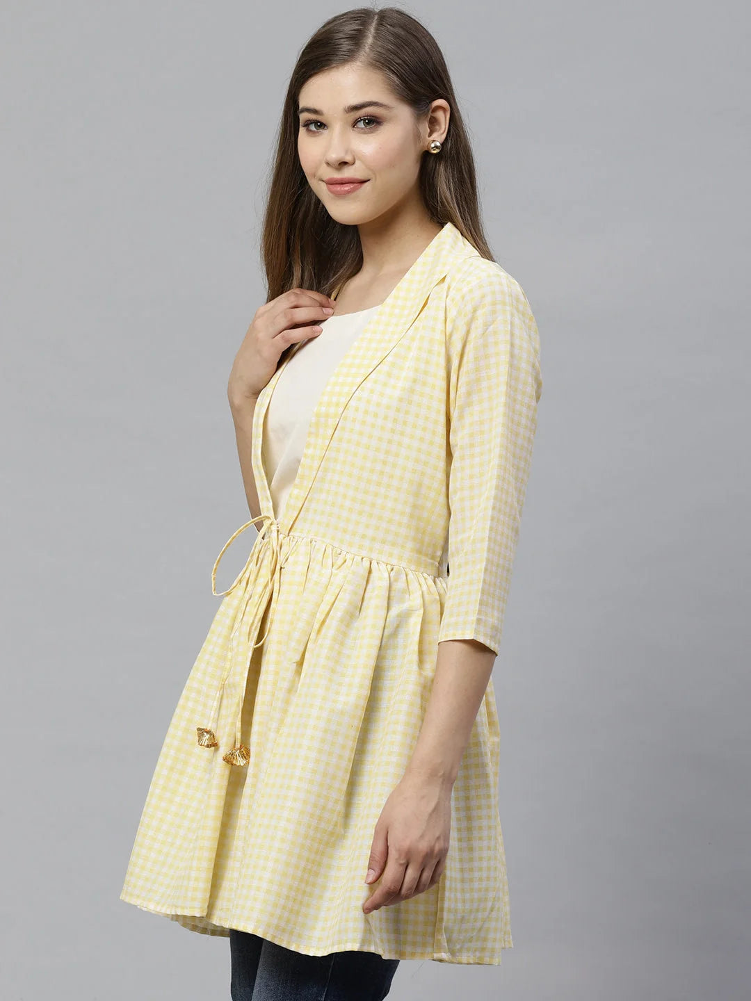 Yellow Checked Waist Tie-Up Tunic Top | Indian Kurtis Online