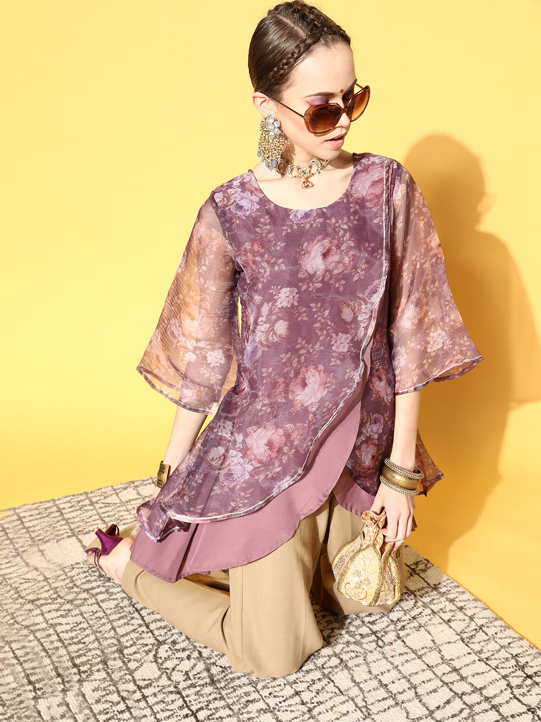 Mauve Organza Digital Printed Tunic Top for Women - Indian Kurta