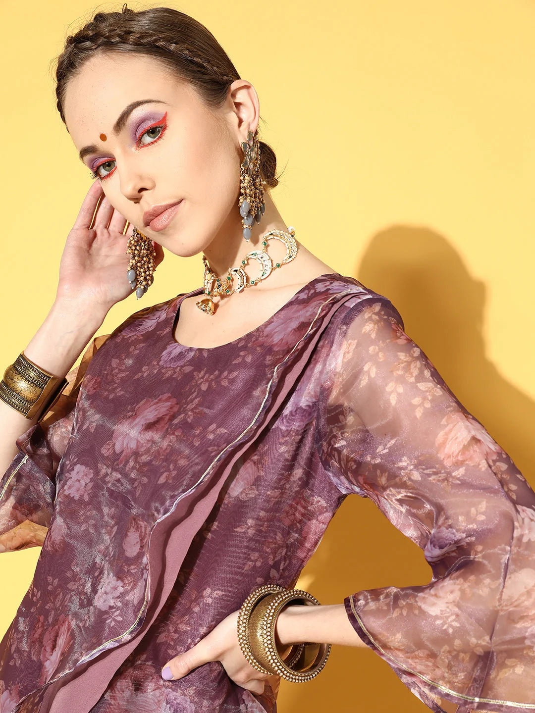 Mauve Organza Digital Printed Tunic Top for Women - Indian Kurta
