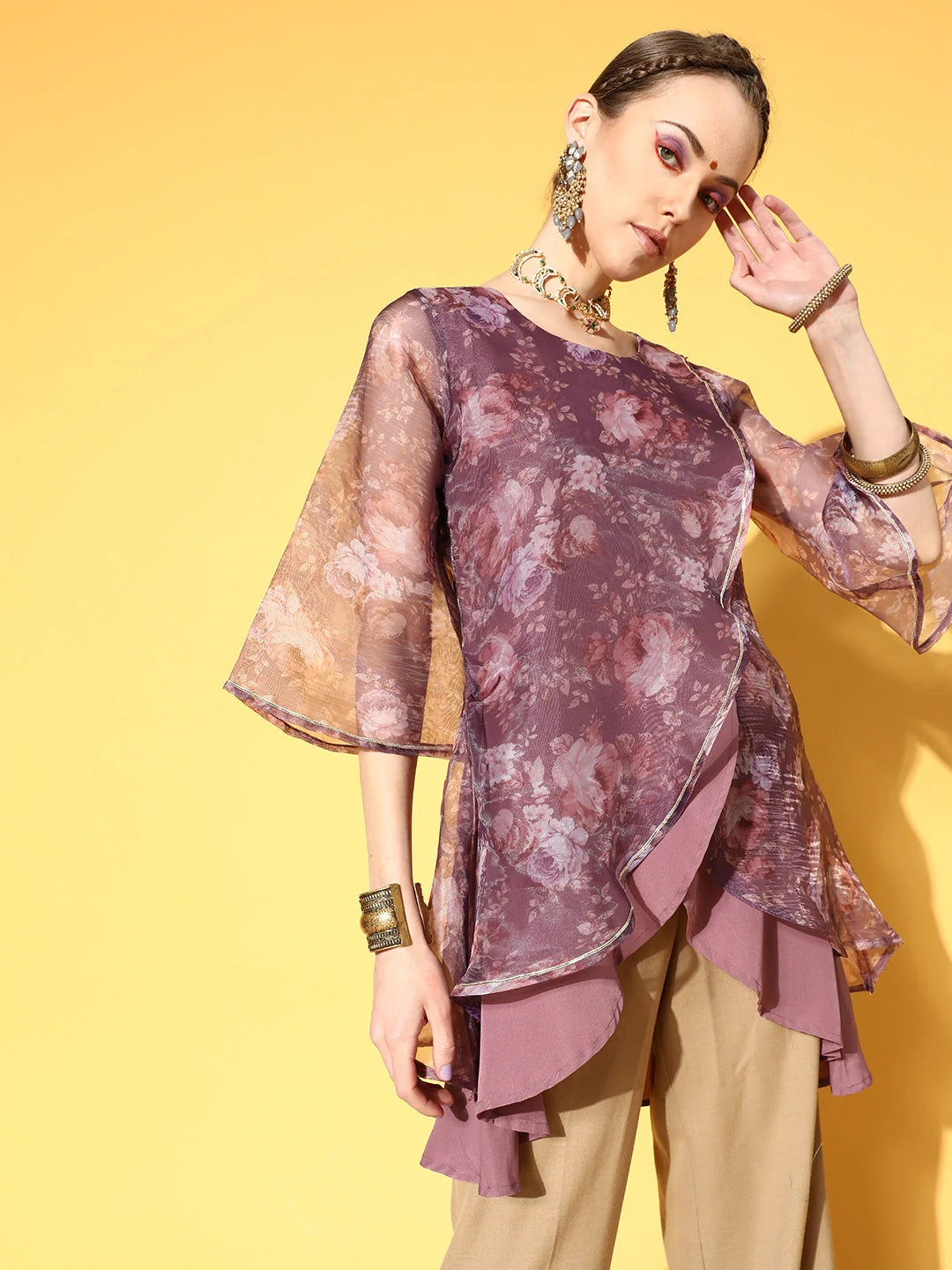 Mauve Organza Digital Printed Tunic Top for Women - Indian Kurta