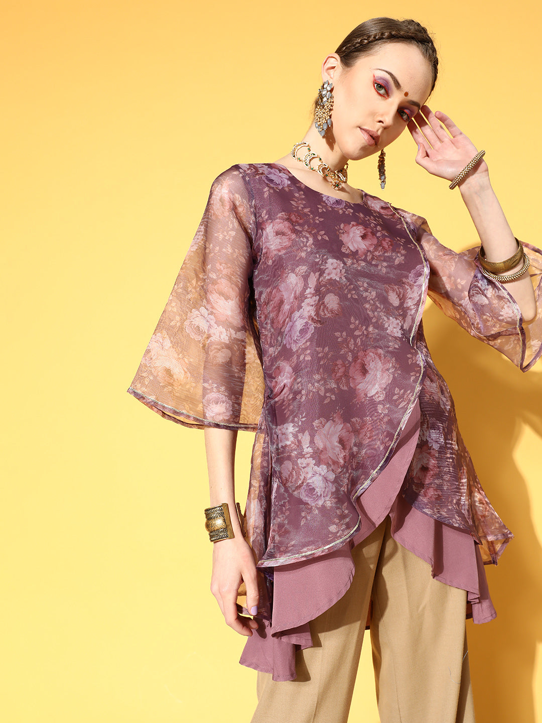 Mauve Organza Digital Printed Tunic Top for Women - Indian Kurta