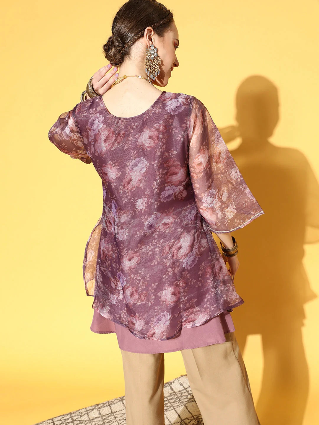 Mauve Organza Digital Printed Tunic Top for Women - Indian Kurta
