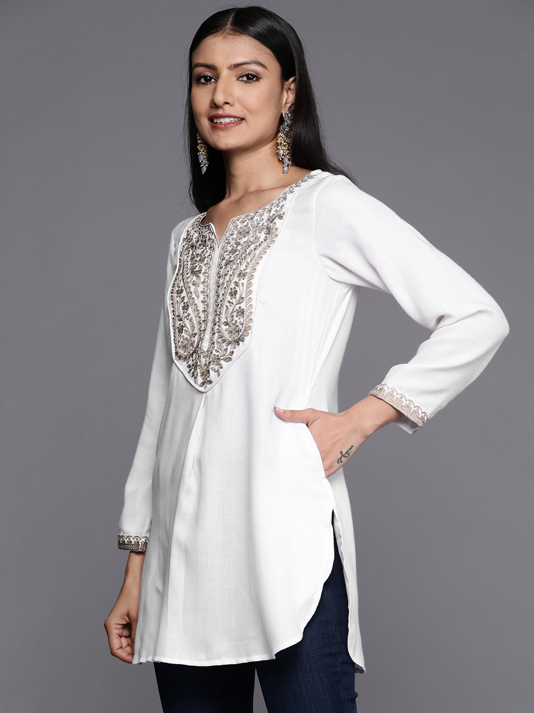 White Embroidered Tunic Top - Indian Kurta for Ladies Online