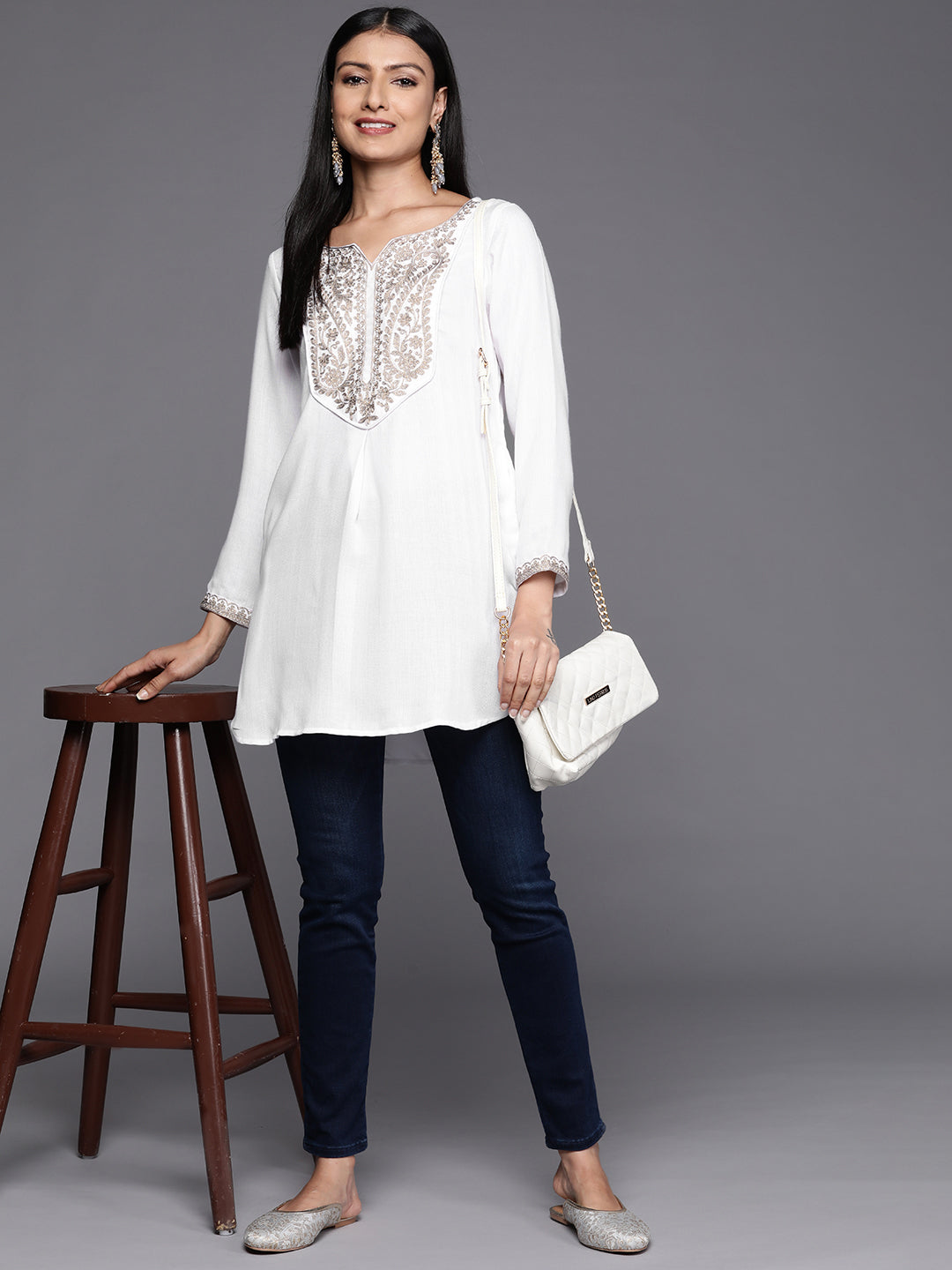 White Embroidered Tunic Top - Indian Kurta for Ladies Online