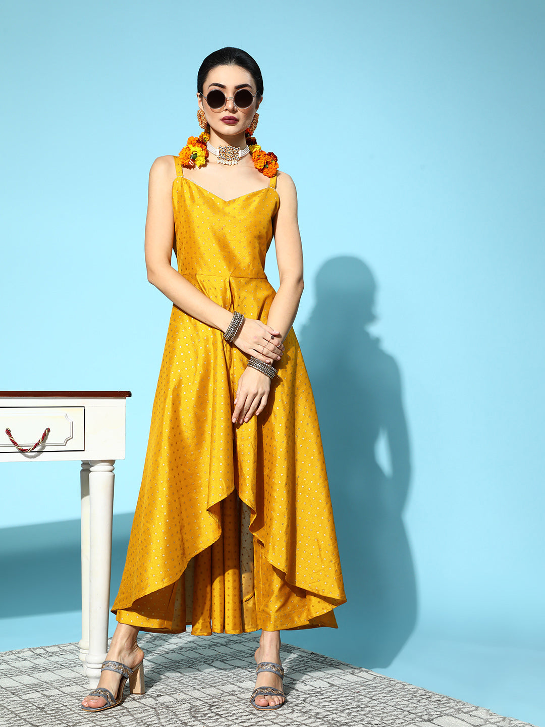 Mustard & Gold-Toned Printed Poly Silk Kurta With Trousers-AHTUPN-COMBO-441-FF