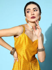 Mustard & Gold-Toned Printed Poly Silk Kurta With Trousers-AHTUPN-COMBO-441-FF