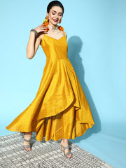 Mustard & Gold-Toned Printed Poly Silk Kurta With Trousers-AHTUPN-COMBO-441-FF