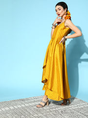 Mustard & Gold-Toned Printed Poly Silk Kurta With Trousers-AHTUPN-COMBO-441-FF