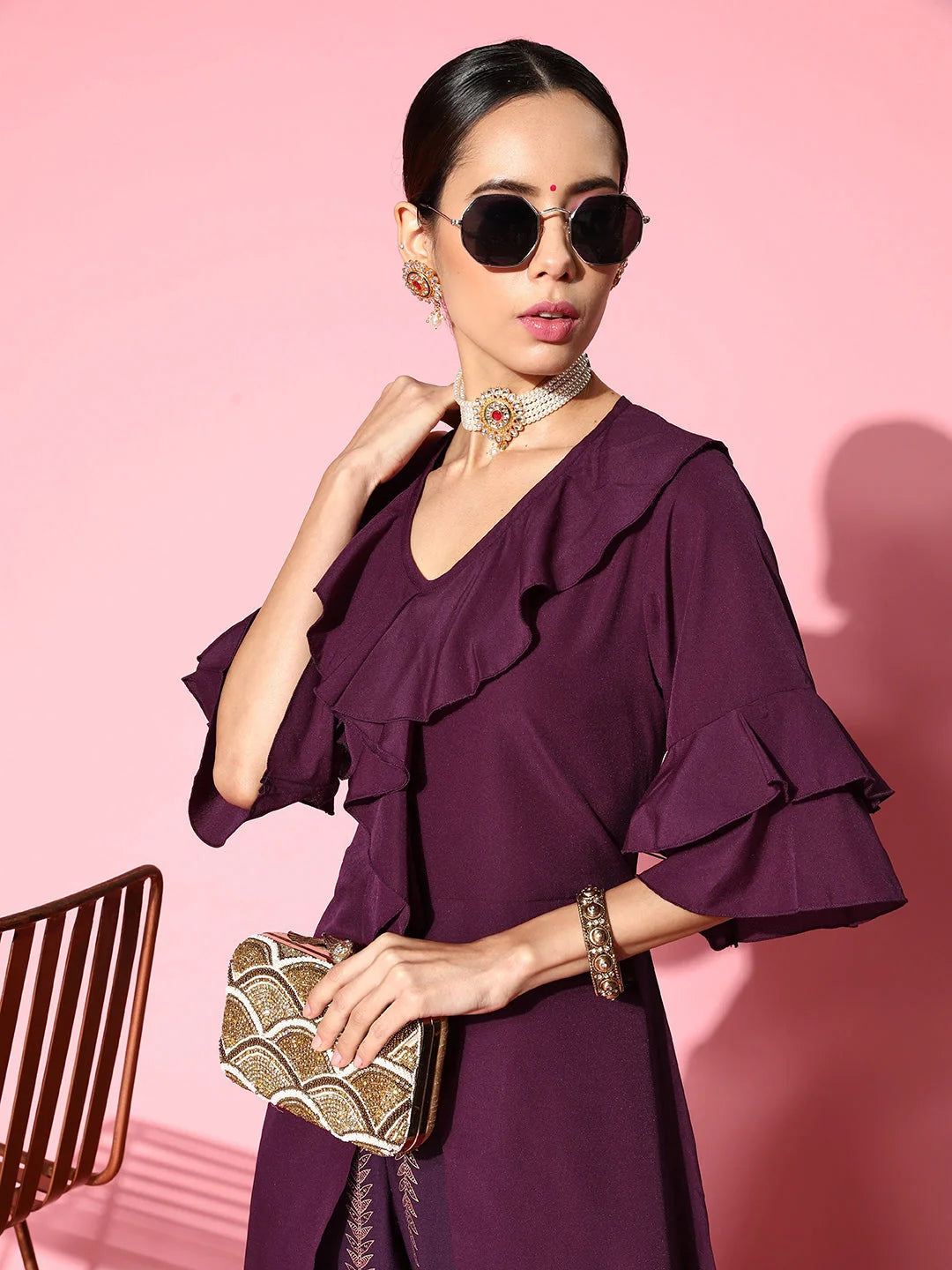 Burgundy Co Ord Sets - Layered Tunic & Striped Pants for Women