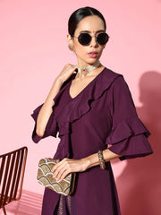 Burgundy Solid Layered Tunic with Striped Trousers Co-Ords Set-AHTUPN-COMBO-635