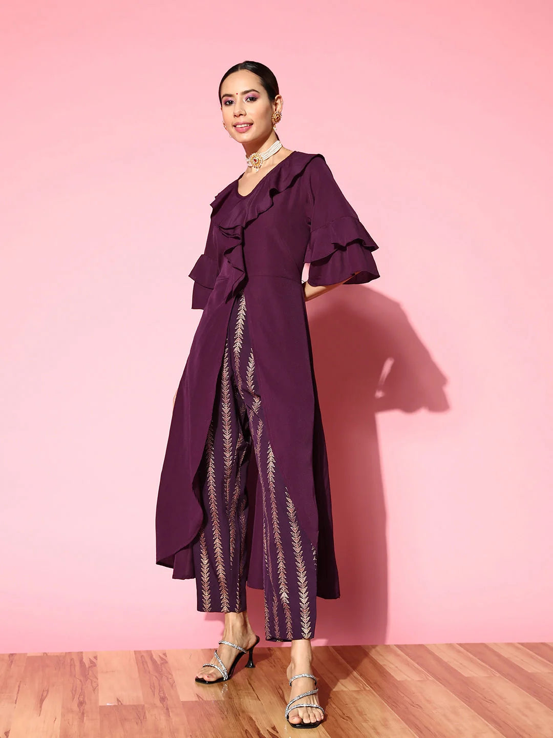 Burgundy Co Ord Sets - Layered Tunic & Striped Pants for Women