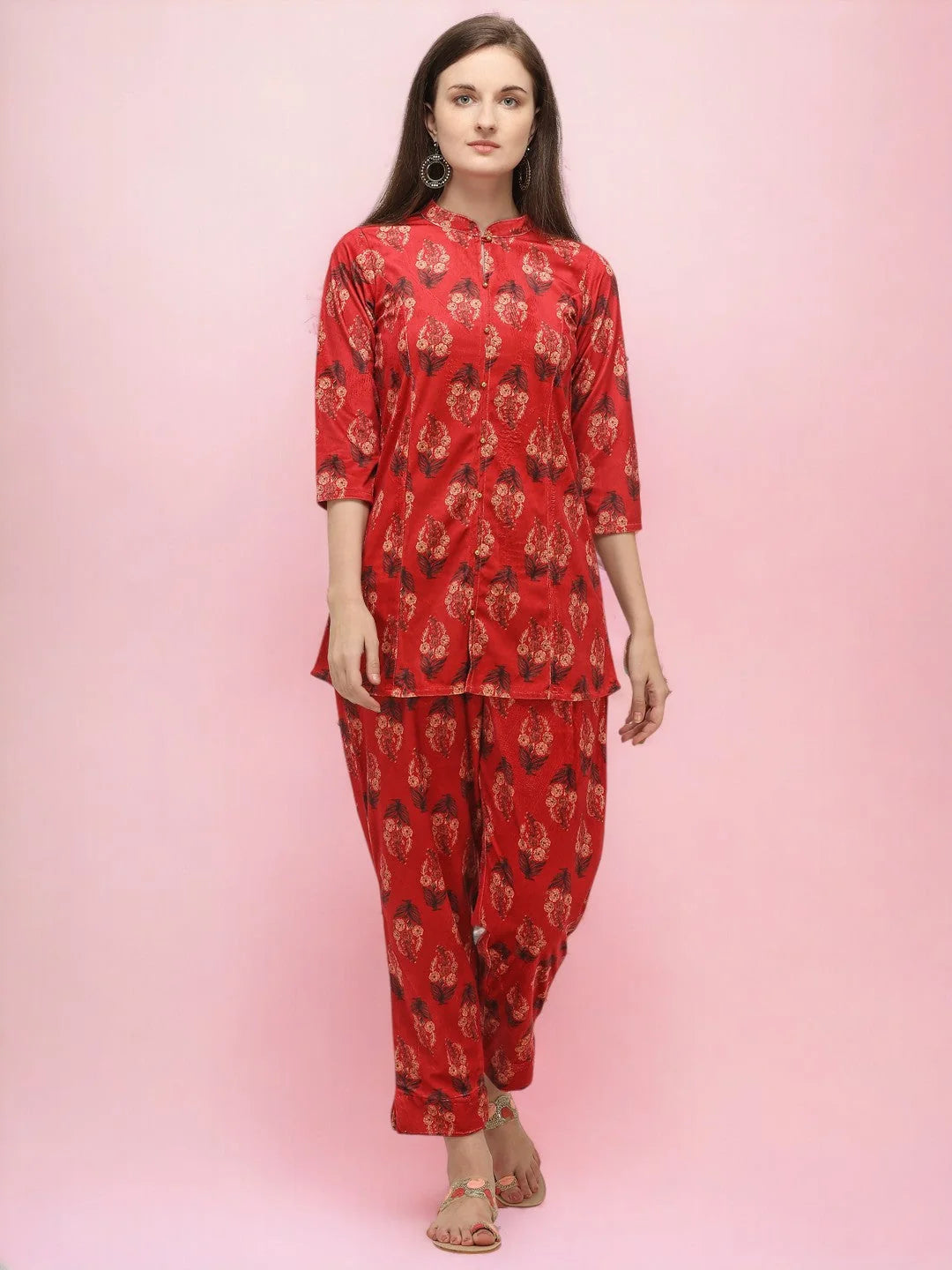 Red Printed Velvet Kurti with Pyjamas-AHTUPN-Combo-330