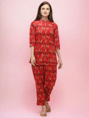 Red Printed Velvet Kurti with Pyjamas-AHTUPN-Combo-330
