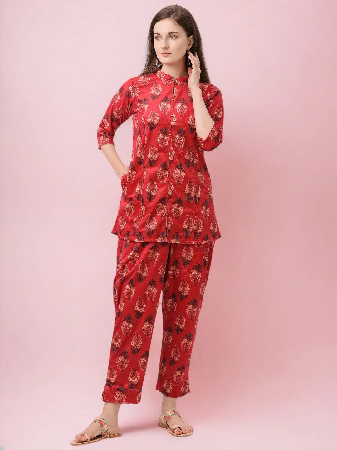 Red Printed Velvet Kurti Pyjama Set | Women's Cotton Kurta Sets