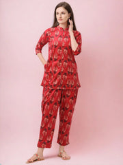 Red Printed Velvet Kurti with Pyjamas-AHTUPN-Combo-330