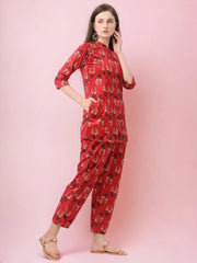 Red Printed Velvet Kurti with Pyjamas-AHTUPN-Combo-330