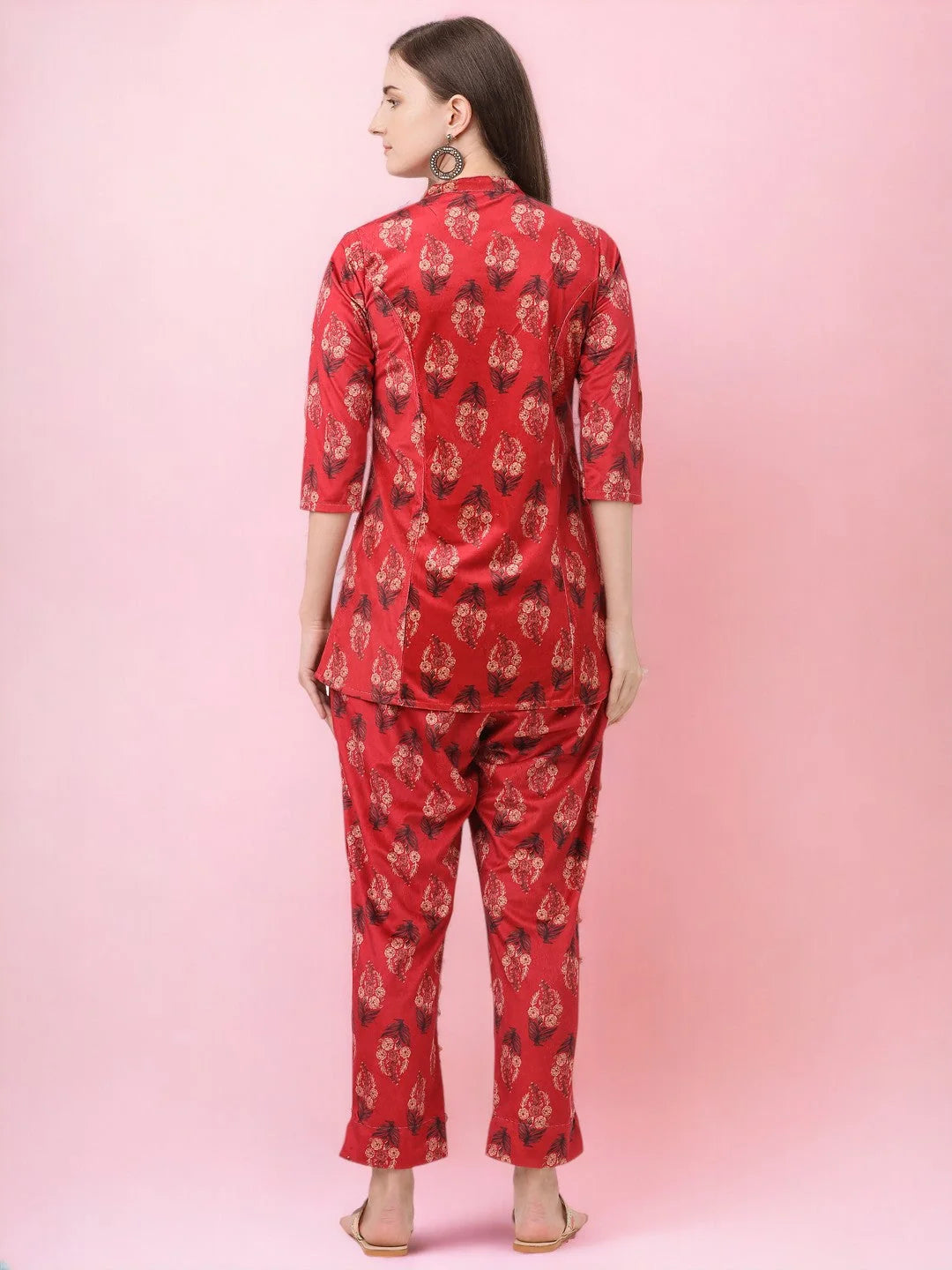 Red Printed Velvet Kurti Pyjama Set | Women's Cotton Kurta Sets