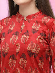 Red Printed Velvet Kurti with Pyjamas-AHTUPN-Combo-330
