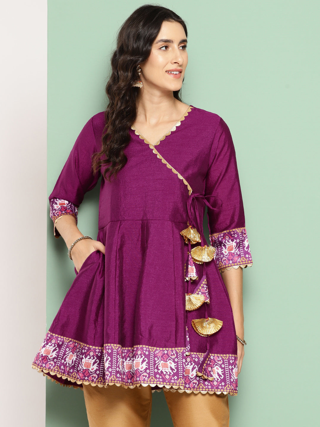 Purple Ethnic Print Tunic Top - Indian Kurta for Women
