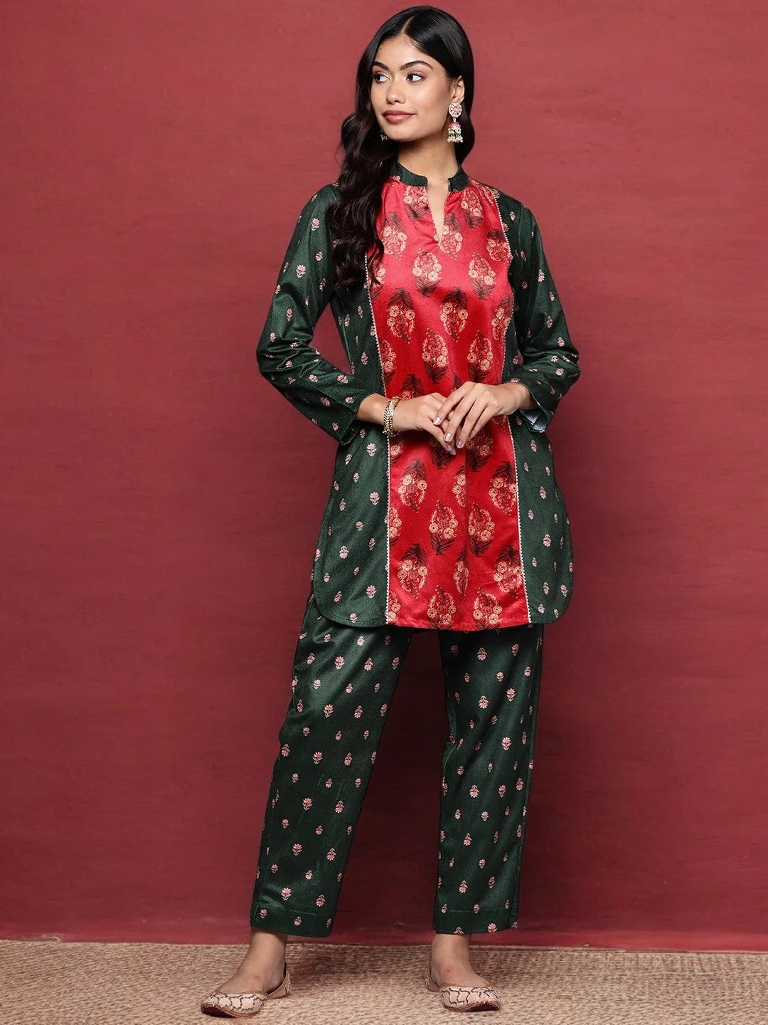 Green & Coral Printed Velvet Tunic with Trousers with Gotta Patti Detail-AHTUPT-COMBO-862