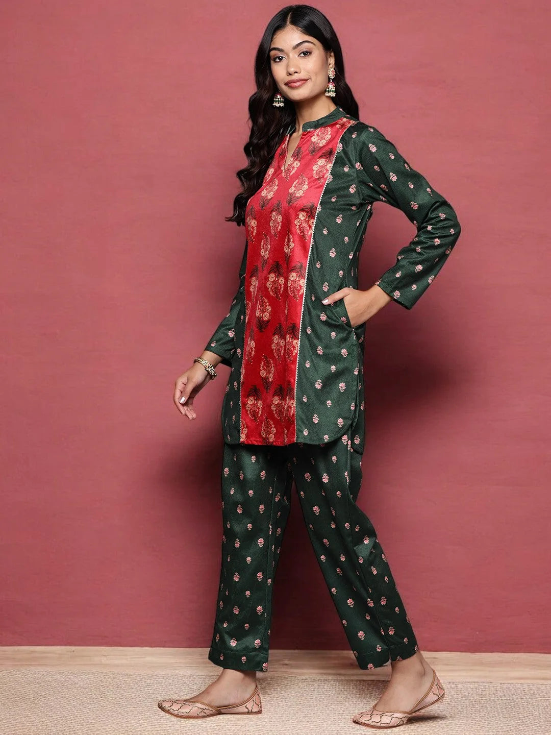 Green & Coral Velvet Co Ord Sets for Women with Gotta Patti