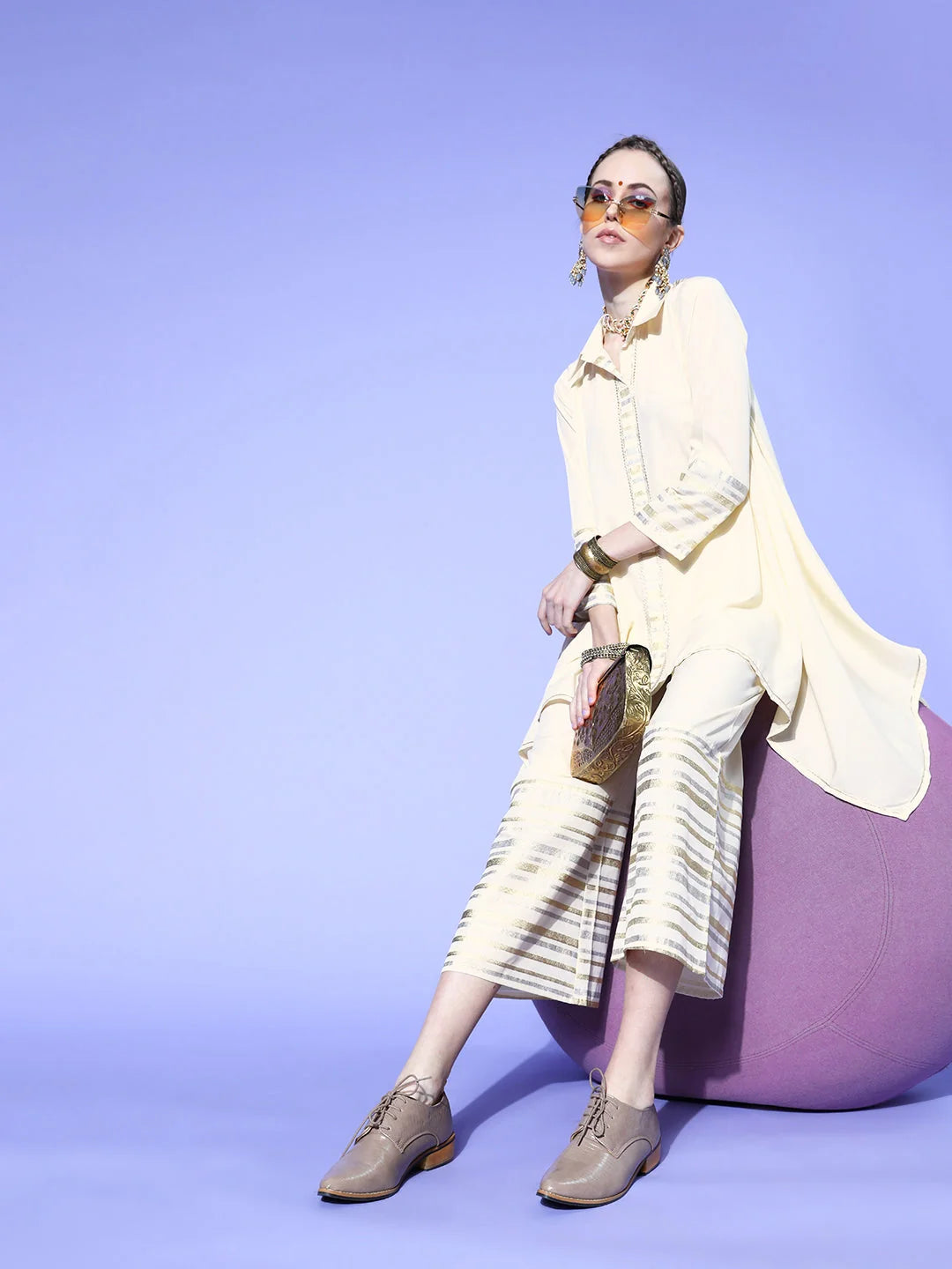 Off White & Golden Solid Top with Palazzos-AHTUPZ-COMBO-451-FF