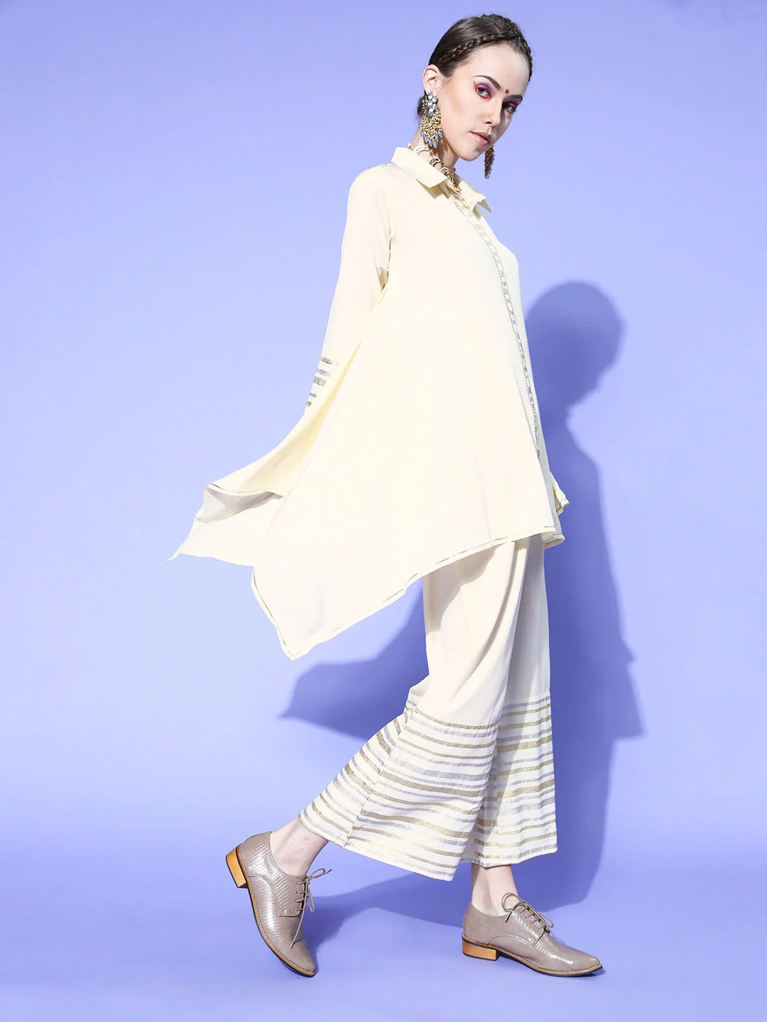 Elegant Off White & Golden Two Piece Sets for Women - Solid De...