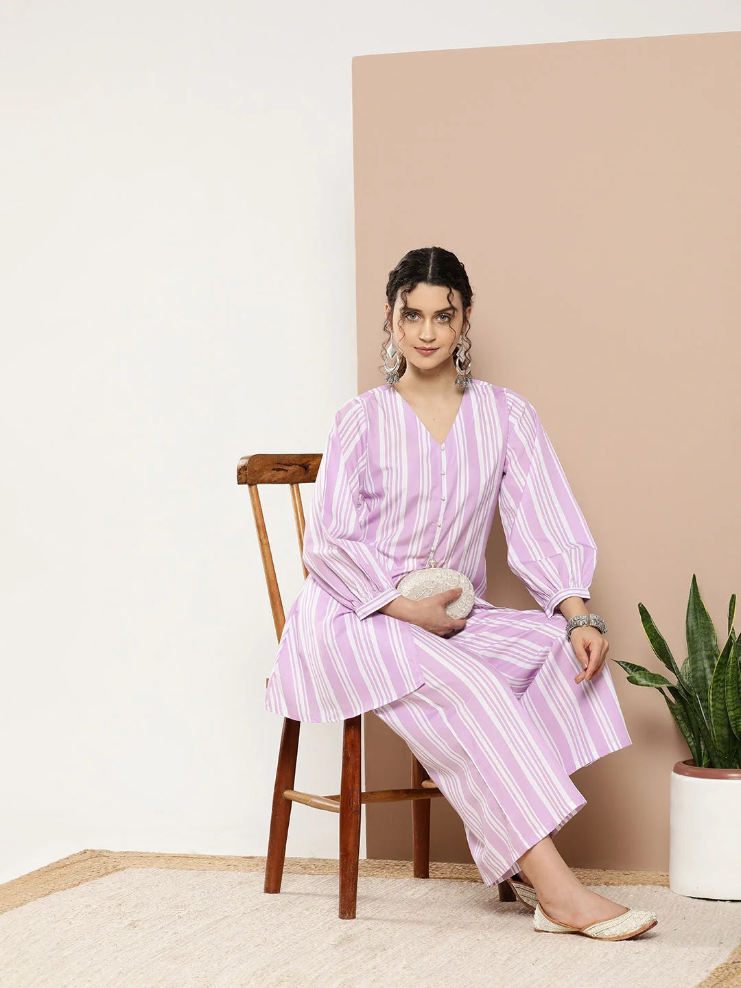Striped Crepe Co Ord Sets: Lavender Two Piece Sets for Women