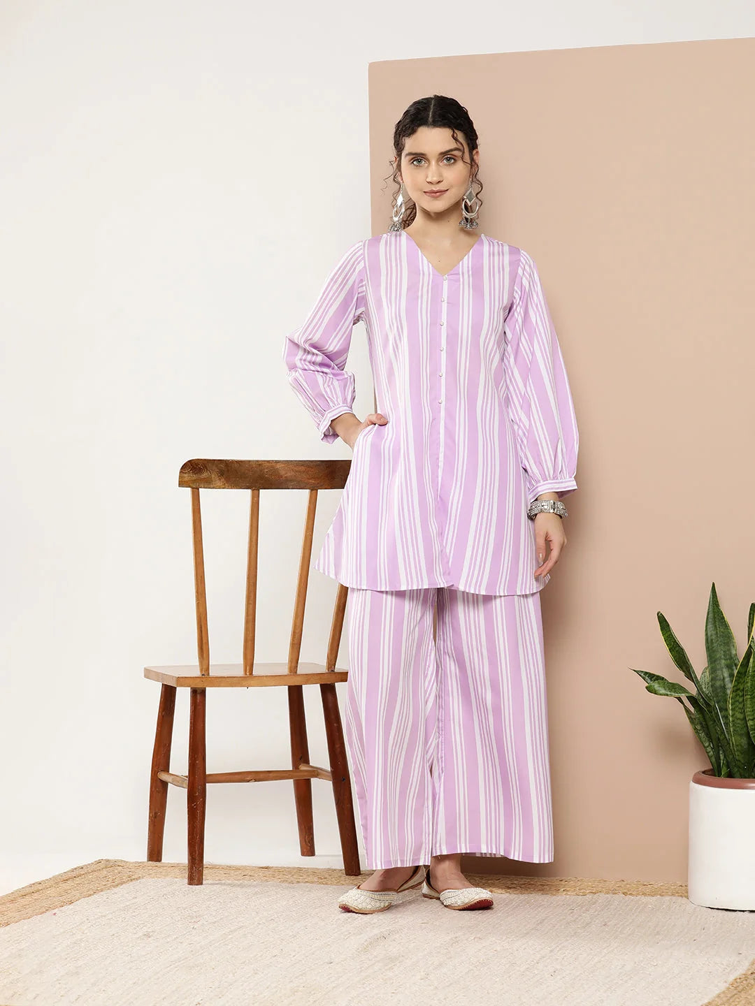 Striped Crepe Co Ord Sets: Lavender Two Piece Sets for Women