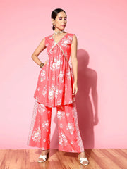 Red & White Floral Printed Tunic & Palazzo Co-Ords-AHTUPZ-COMBO-640