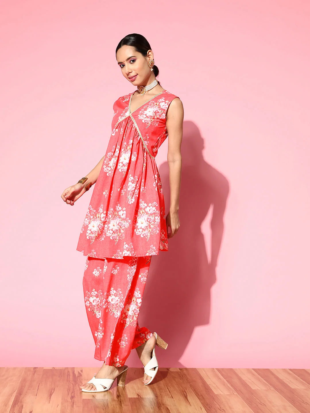 Red Floral Co Ord Sets Women - Printed Polyester Two Piece Set