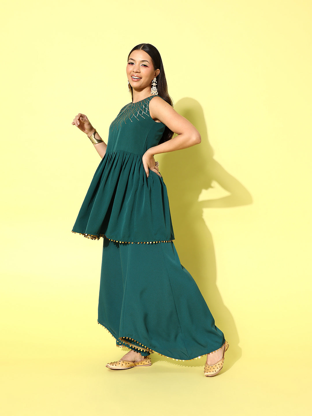 Green Printed Tunic and Palazzo Co-ord Set For Women