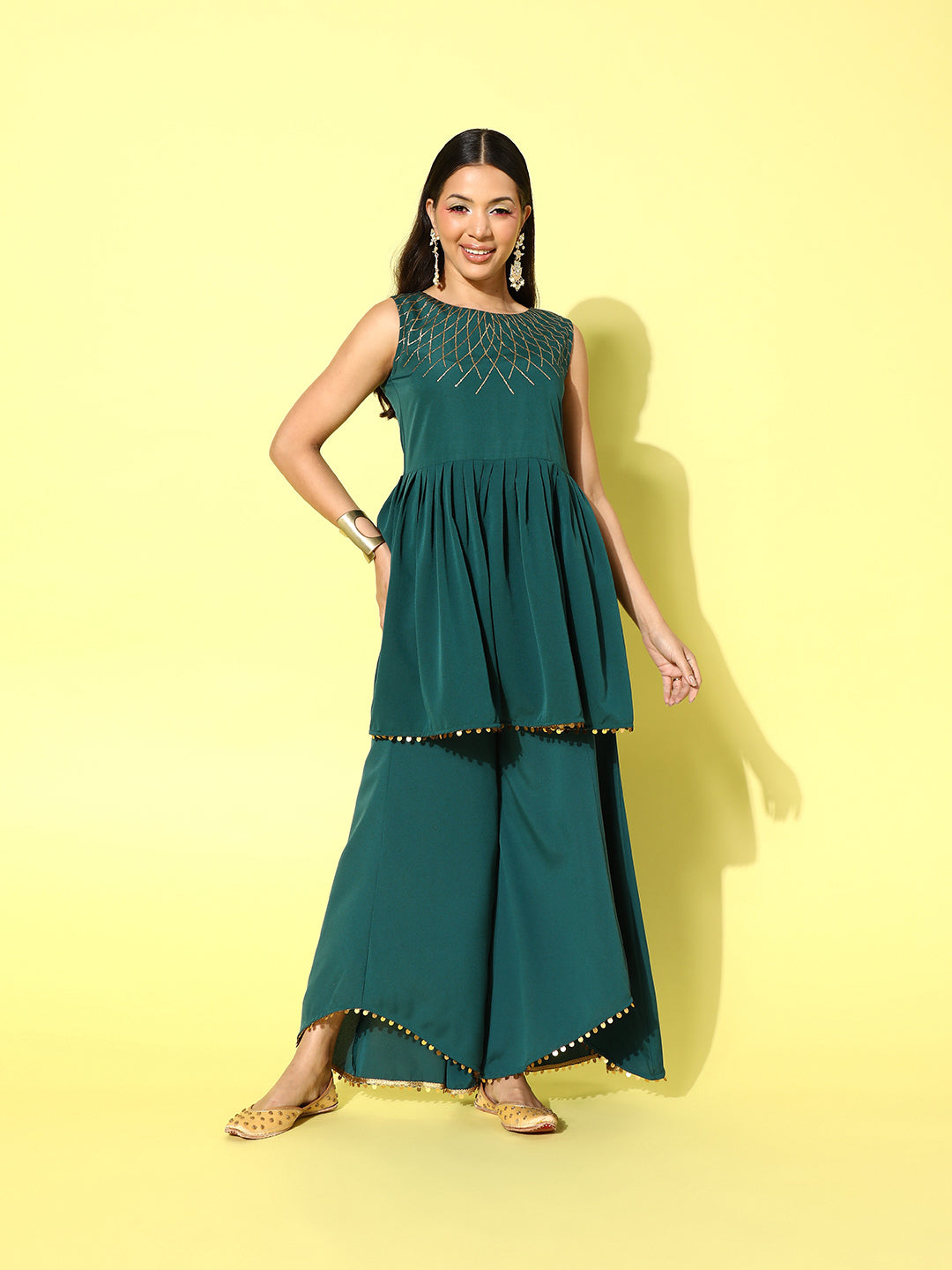 Green Printed Tunic and Palazzo Co-ord Set For Women