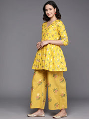 Yellow Floral Printed Pure Cotton Tunic With Palazzos-AHTUPZ-COMBO-693
