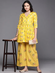 Yellow Floral Printed Pure Cotton Tunic With Palazzos-AHTUPZ-COMBO-693