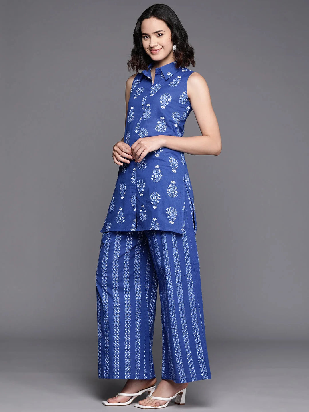 Blue Cotton Printed Tunic & Palazzos - Two Piece Sets