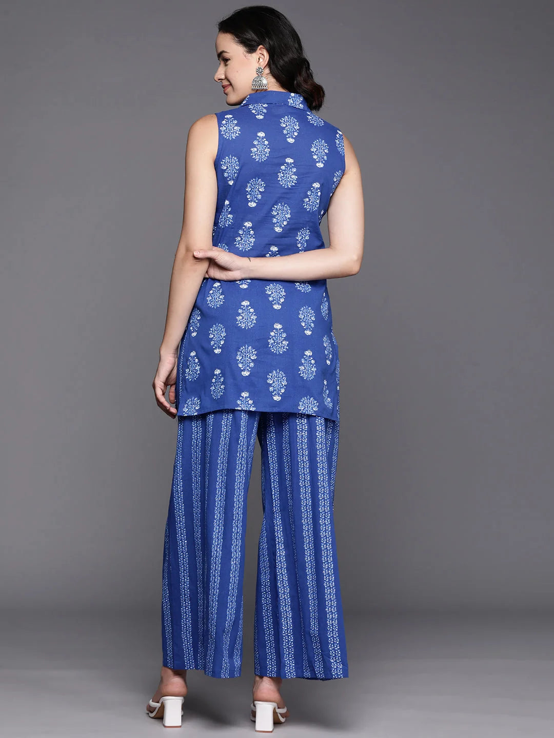Blue Cotton Printed Tunic & Palazzos - Two Piece Sets