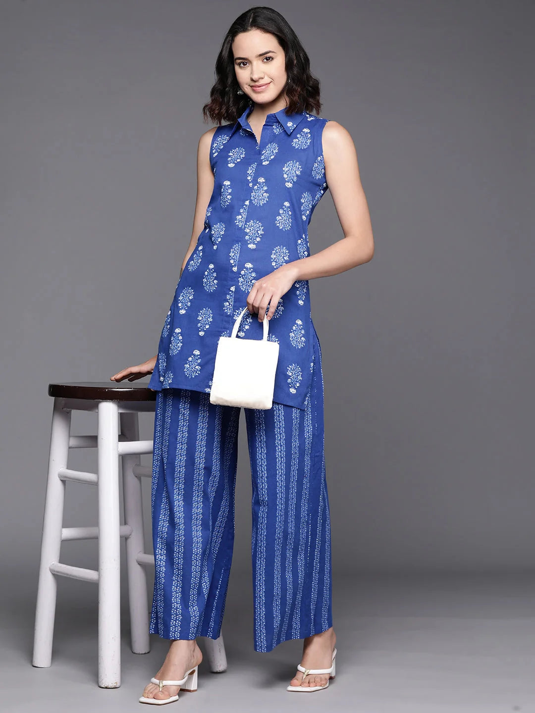 Blue Cotton Printed Tunic & Palazzos - Two Piece Sets