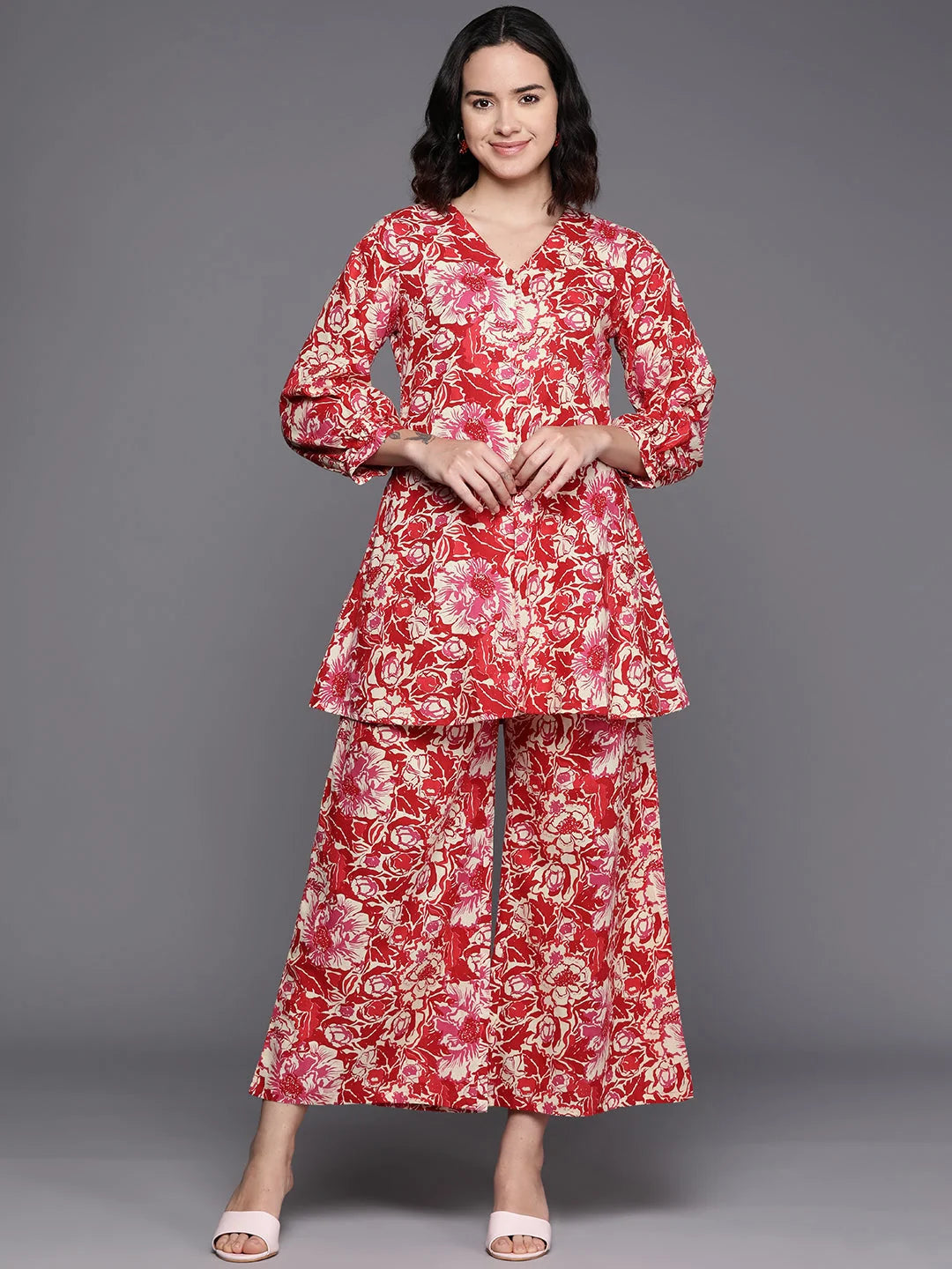 Red Cotton Printed Tunic & Palazzos - Two Piece Sets for Women