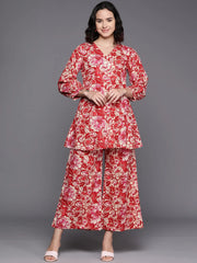 Red Printed Pure Cotton Tunic With Palazzos-AHTUPZ-COMBO-716