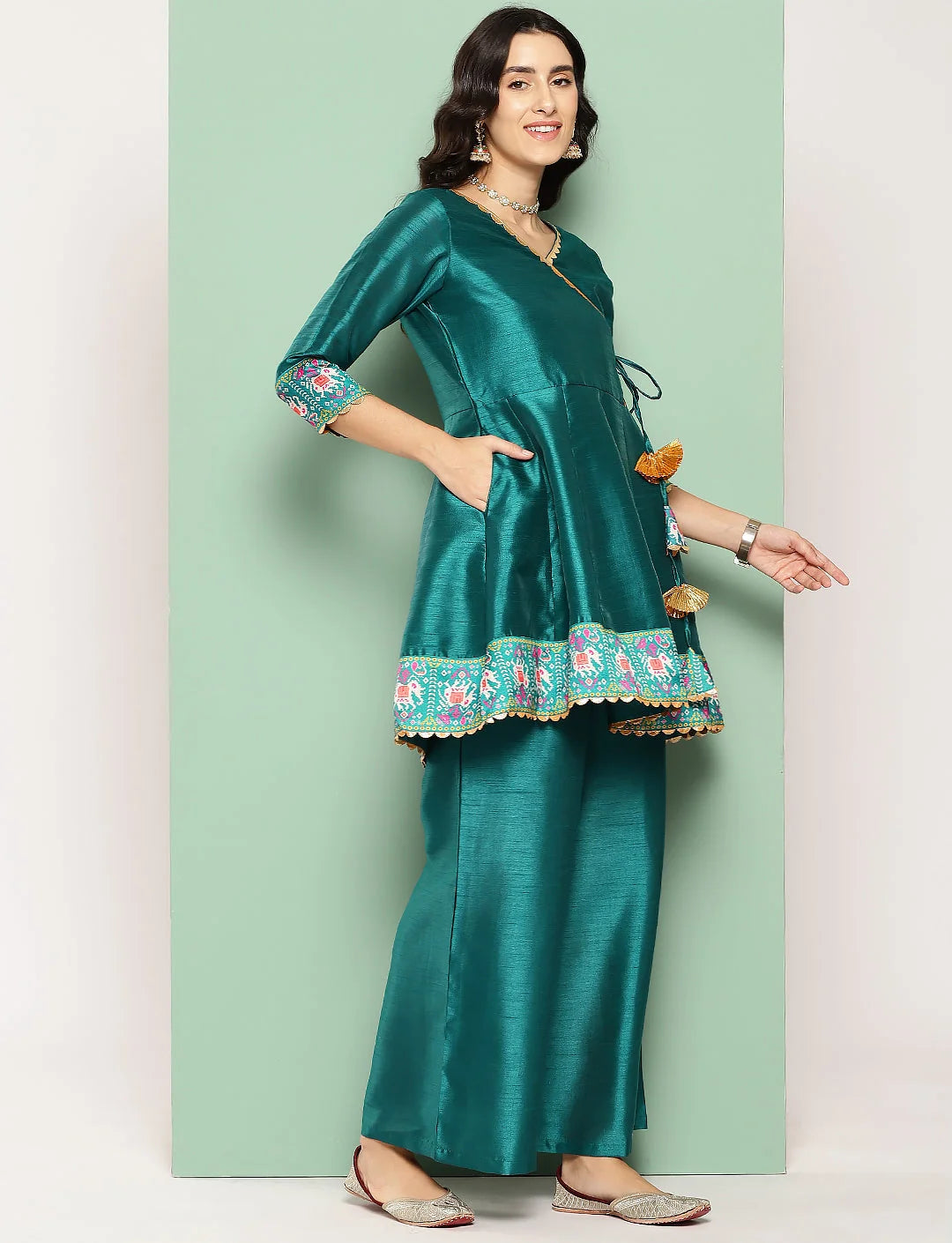 Elegant Green Printed Silk Tunic & Palazzos | Co Ord Sets