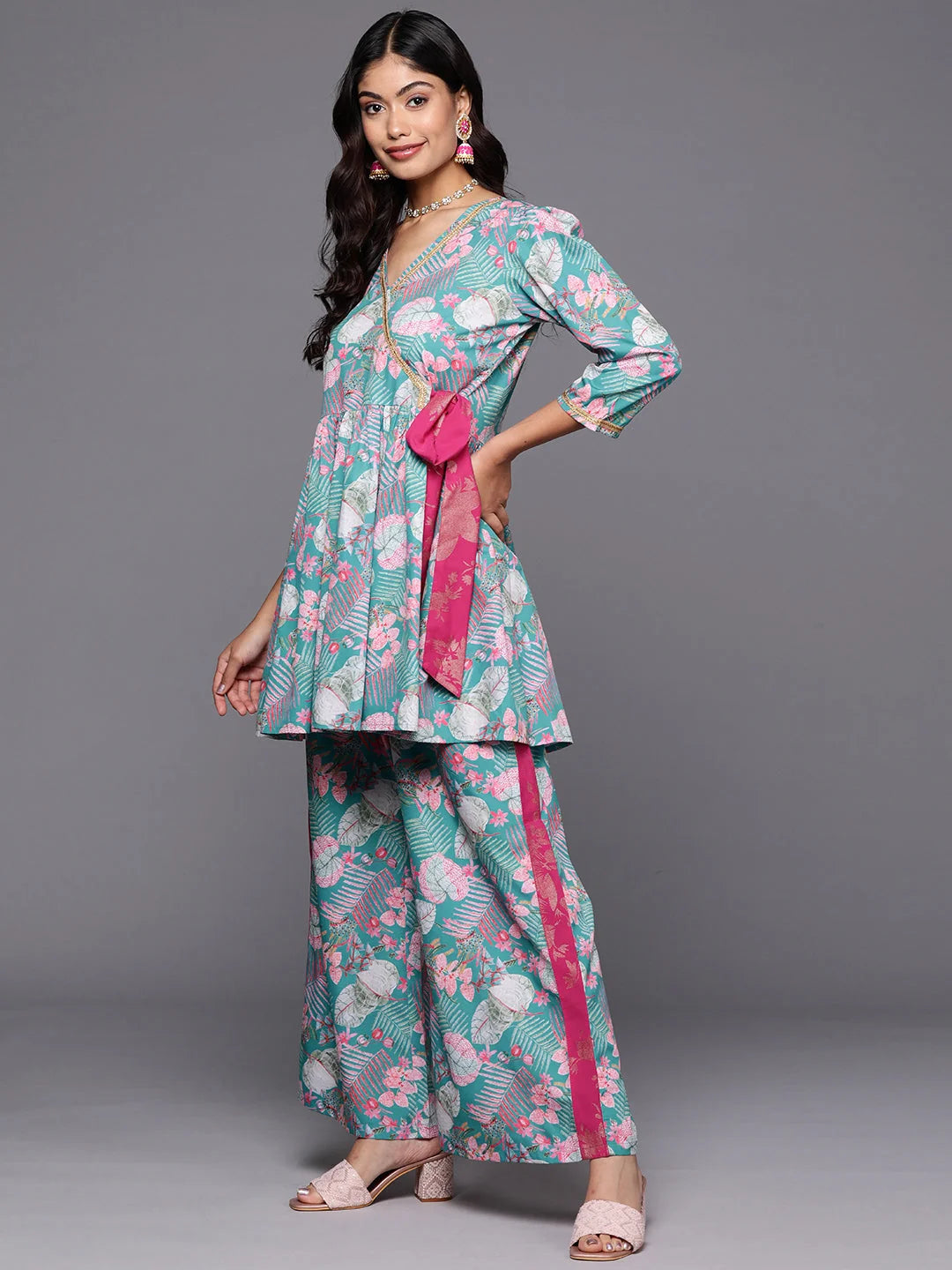 Women's Printed Palazzo Pants Set - Ethnic Tunic & Palazzos