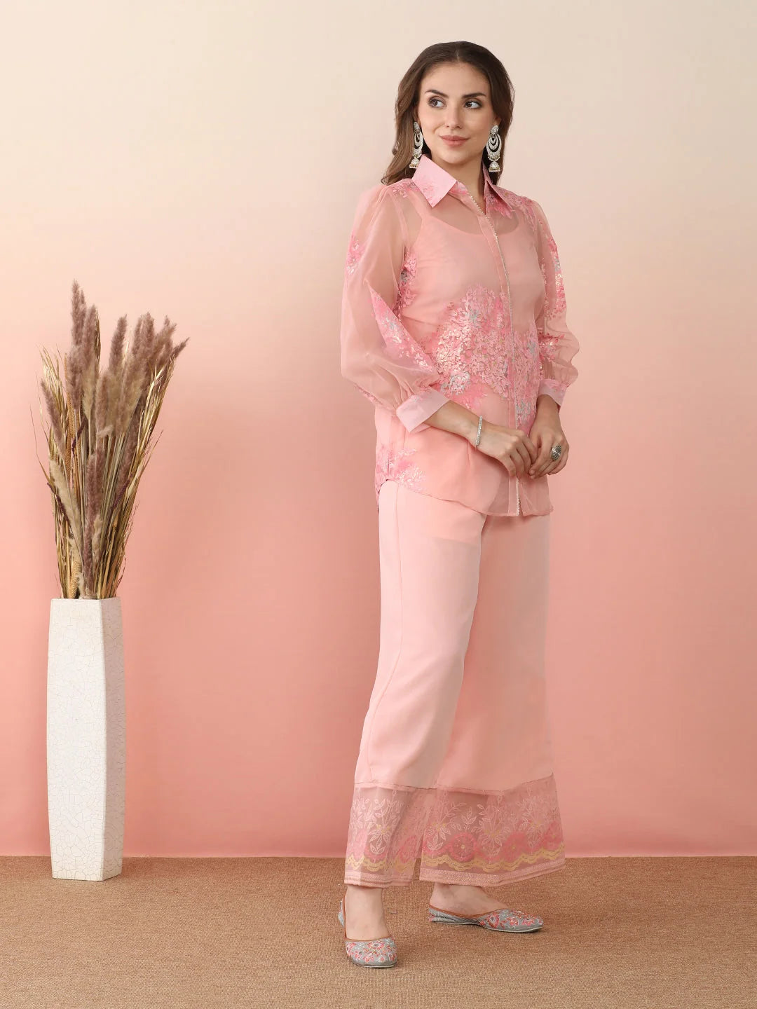 Chic Pink Printed Two Piece Sets with Jacket | Co Ord Sets