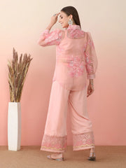 Pink Shoulder Straps Top & Palazzo With Jacket-AHTUPZTP-COMBO-929