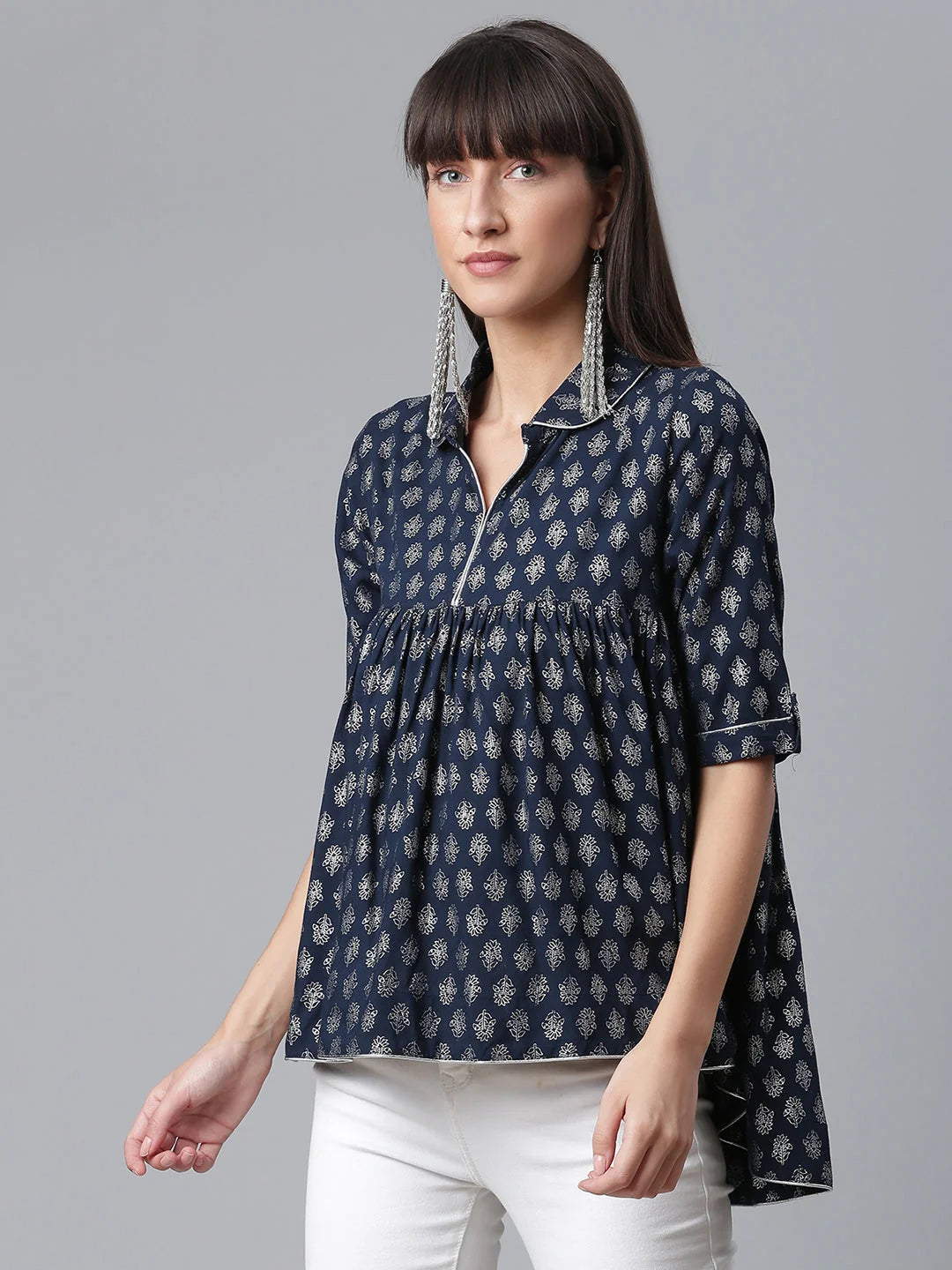 Navy Foil Printed Tunic Top - Indian Kurta for Ladies